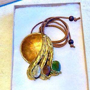 Vintage Art Deco Eclectic Metal & Stone Retro 2-in-1 Pendant & Brooch Necklace